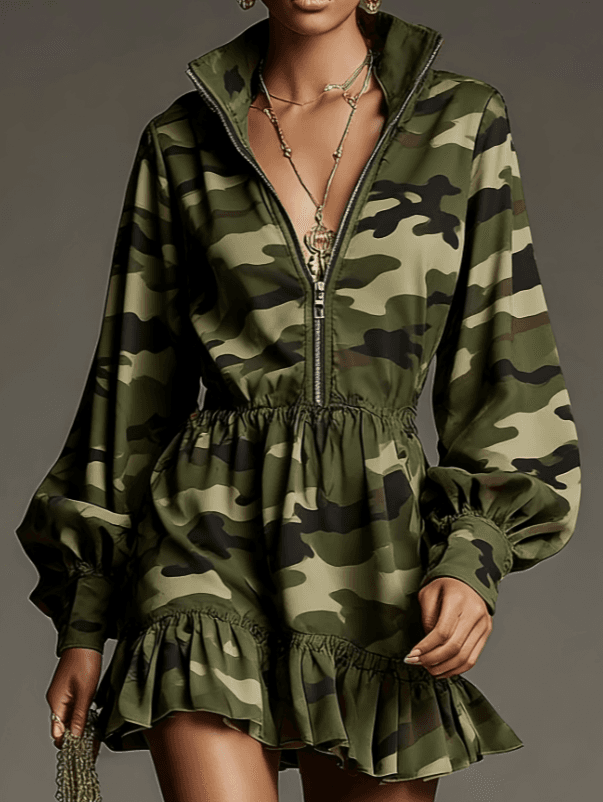 Zipper V-neck Women's Versatile Long-sleeved Waist-cinching Ruffled Hem Dress