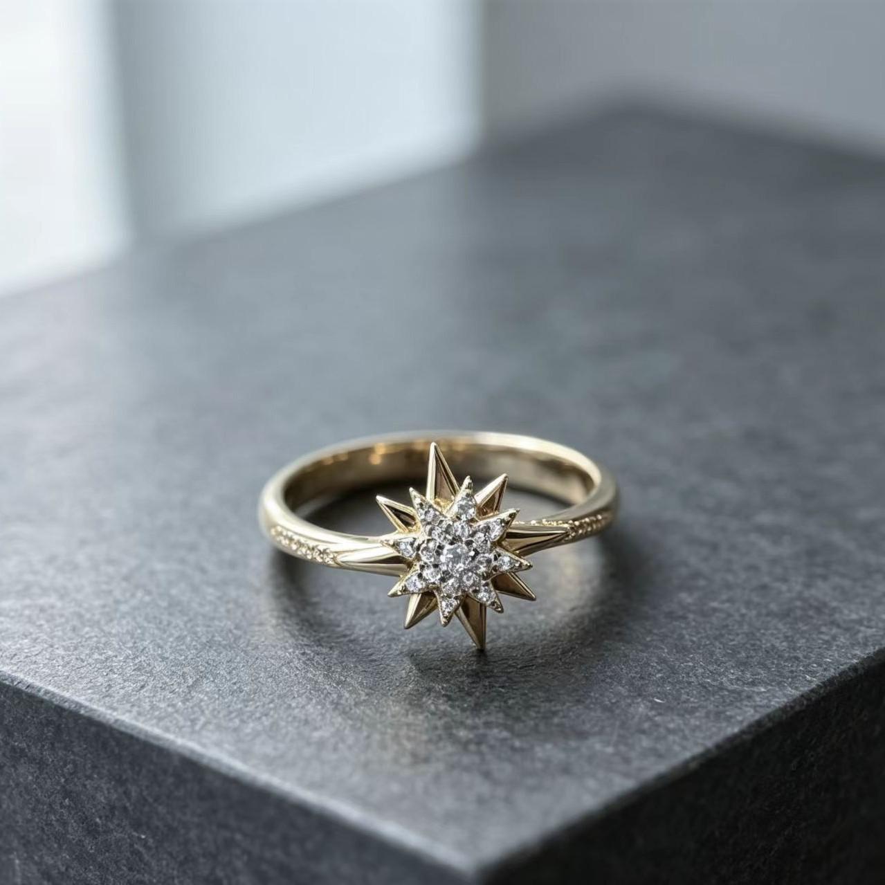 Sunflower-Gilded Five-Pointed Star Zircon Womens Ring