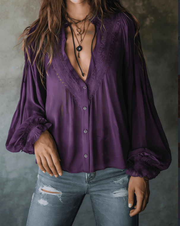 Bohemian V-Neck Lace Trim Puff Sleeve Chiffon Button-Down Blouse