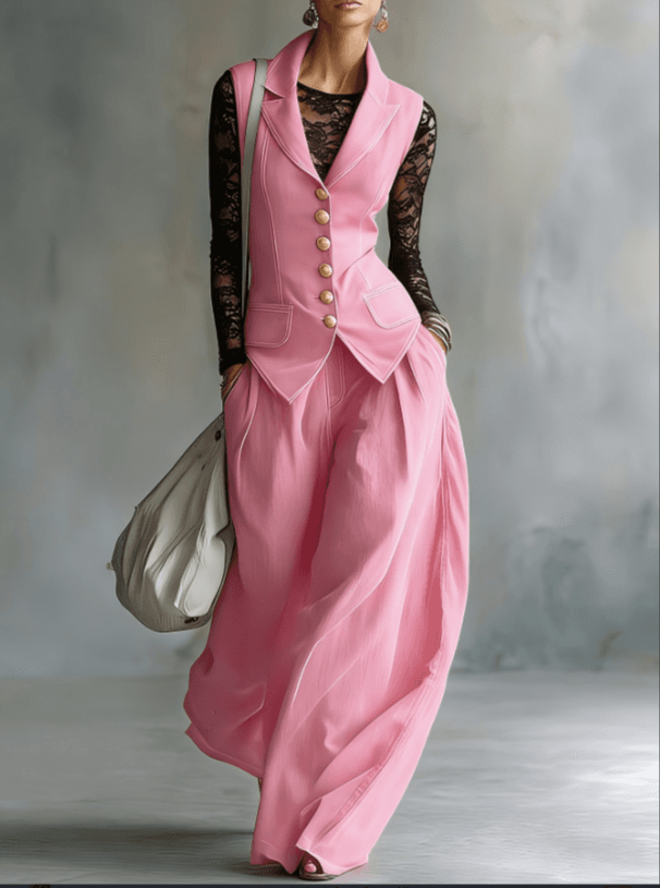 Waist Up Suit Collar Vest Wide Leg Pants Two-piece Set