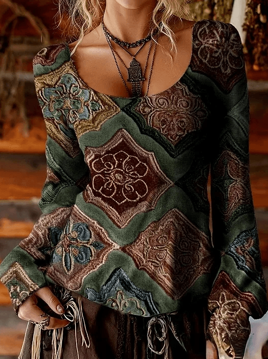 Retro Ethnic Style Diamond Jacquard Square Neck Puff Long Sleeve Women's Fitted Waist Top