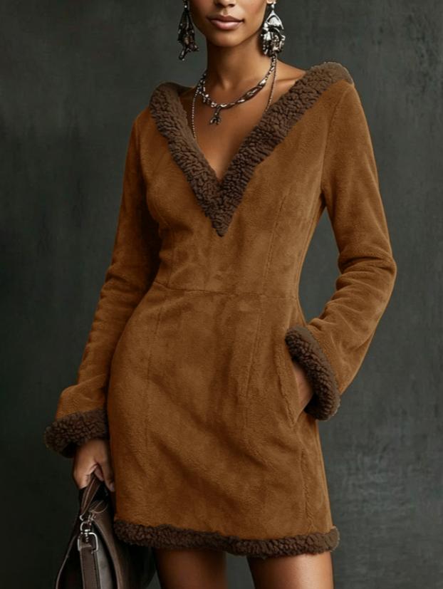 Caramel Brown Faux Suede Shearling Trim Deep V Waisted Slim-fit Long Sleeve Mini Dress