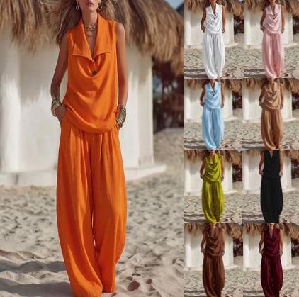 Solid-color Women's Flowing Collar Two-piece Set