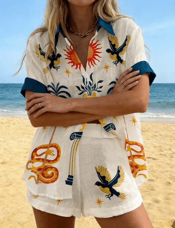 Resort Style Printed Loose Shirt And Shorts Set For Women