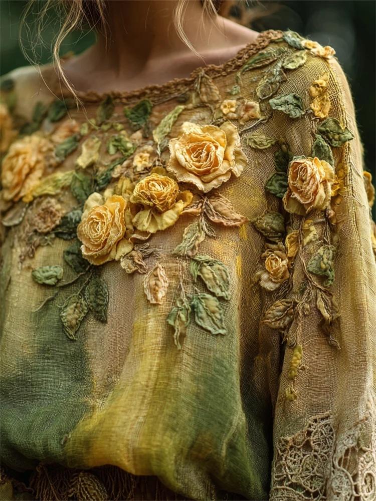 Vintage  Roses Gradient Linen Blouses