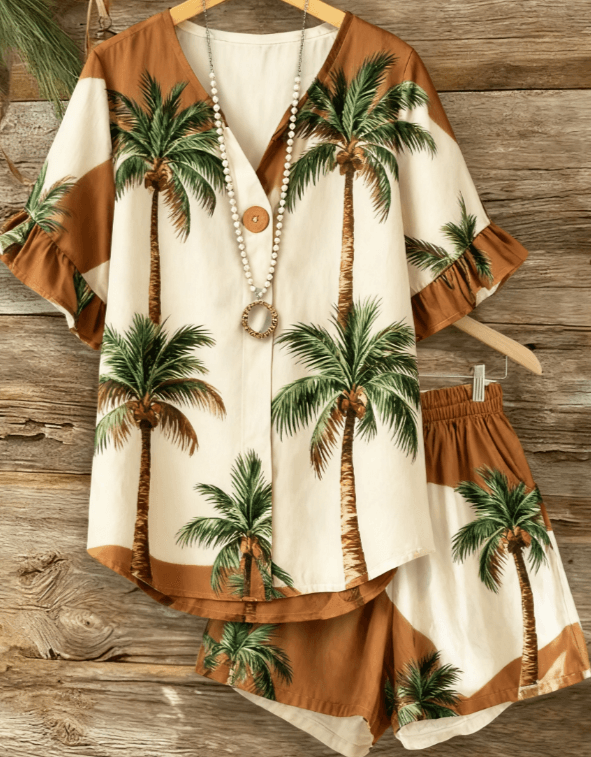 Printed V-neck Women's Long-sleeved Shirt  Shorts Set