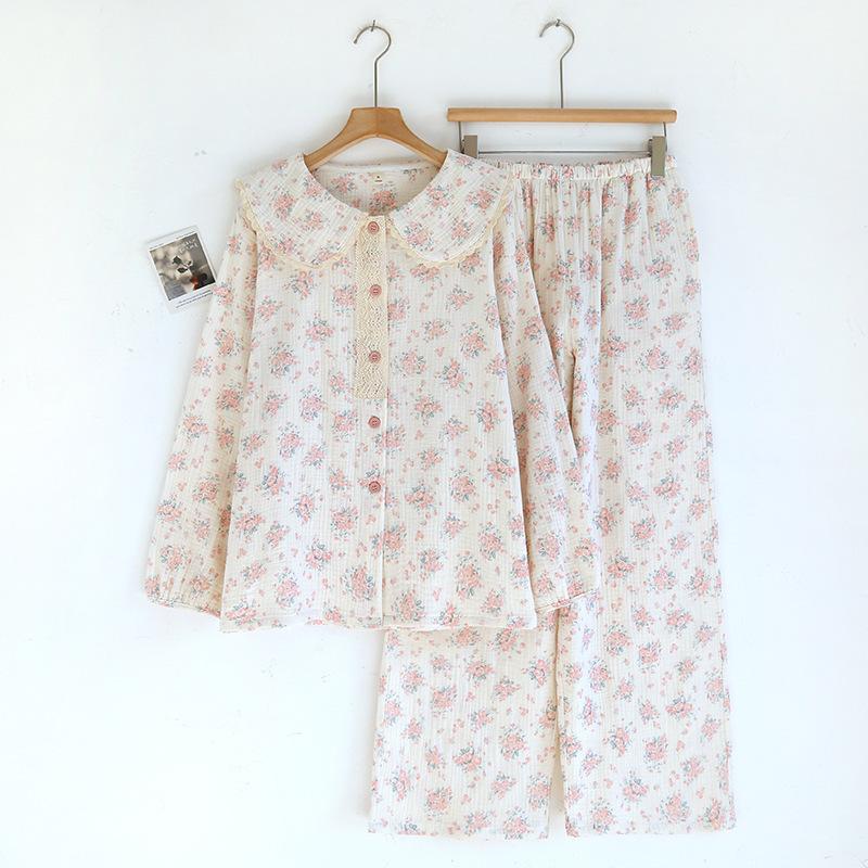 Cotton Floral Sweet Pajamas Women's Casual Long-sleeved Trousers Large Size Suit