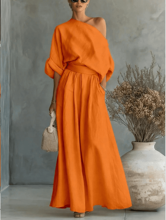 Lazy Style One Shoulder Linen Co-ord Set, Loose Half Sleeve Top High Waist Flowy Wide Leg Pants Vacation Outfit