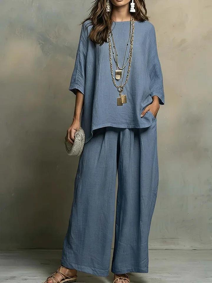 Loose Fit Linen Blend Shirt & Wide Leg Pants Two-Piece Set