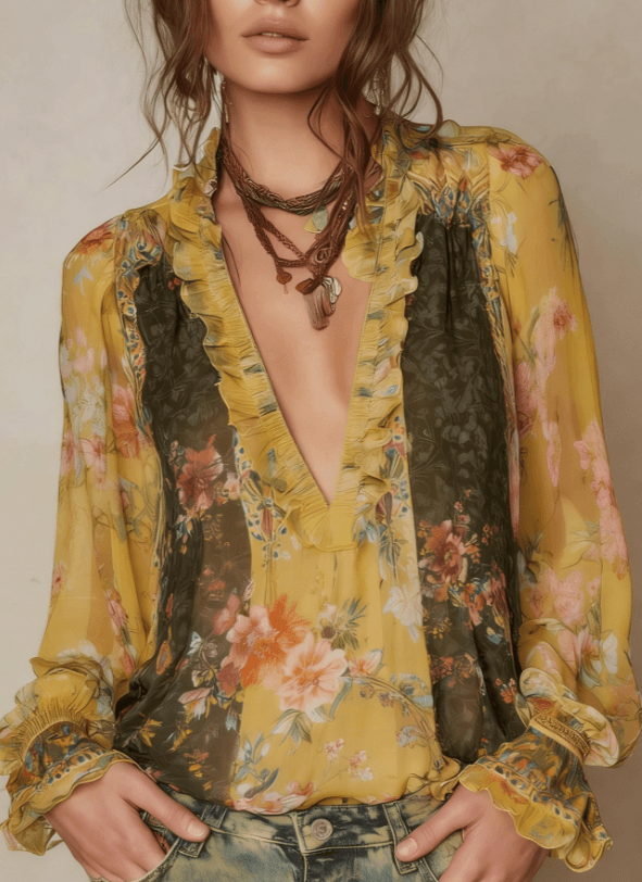 Women's Bohemian Retro V-neck Loose Long-sleeved Top