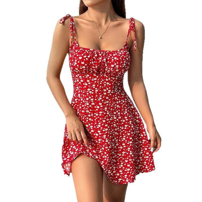 Floral Print Dress Summer Sweet A- Line Waist Trimming Dresses Women's Slimming Casual Clothing