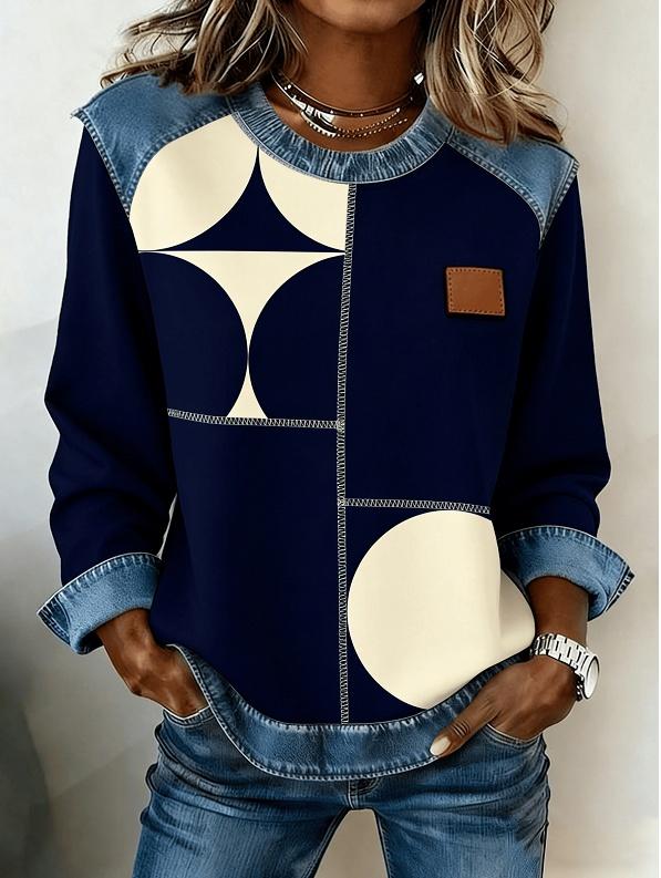 Denim Patchwork Crew Neck Casual Top