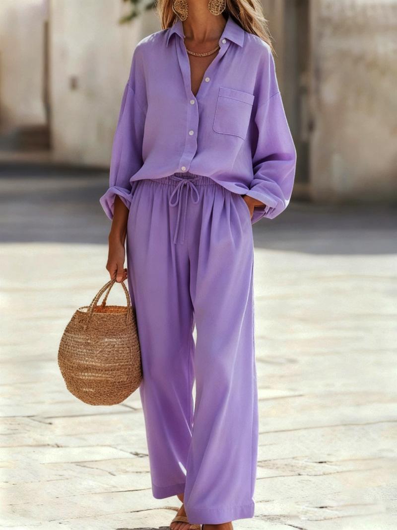 Womens Solid-Color Cotton-Linen Loose-Fit Set
