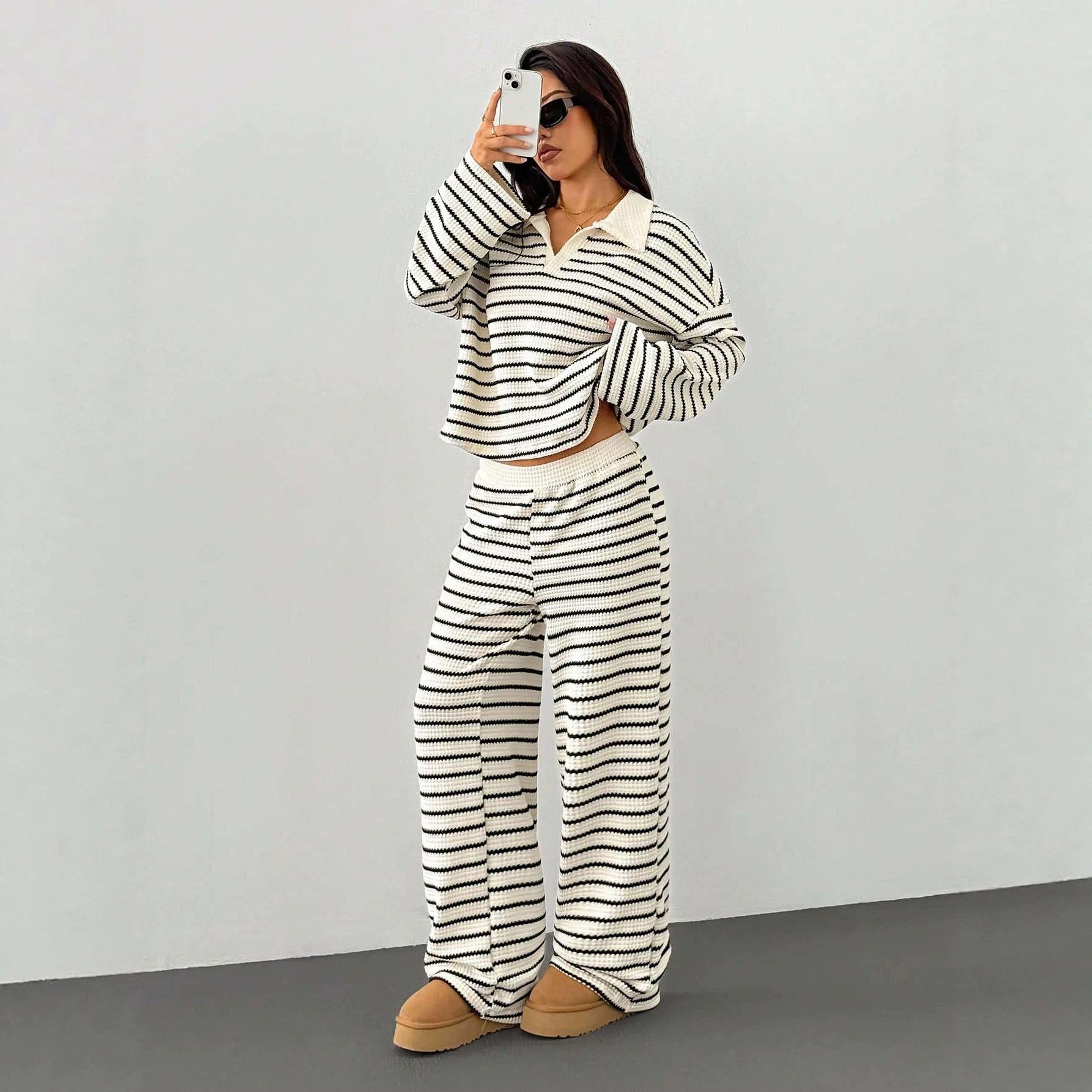 Striped Knitted Color-Block Long-Sleeve Top And Pants Casual Set