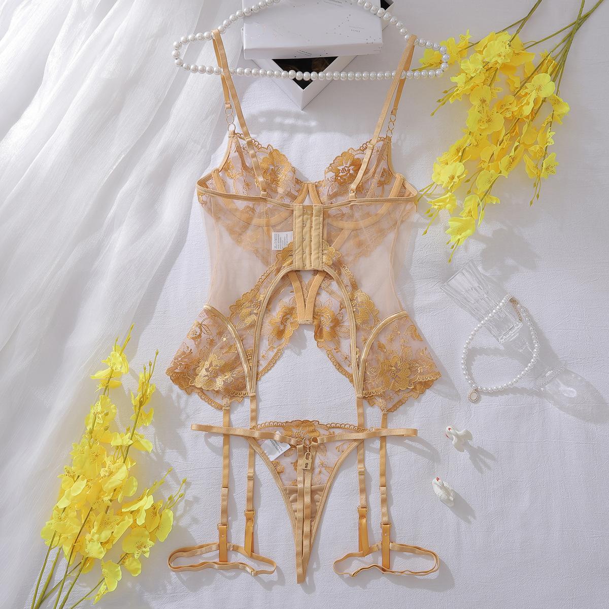 Bra Set Mesh See-through Thin Lace Underwear Three-piece Set
