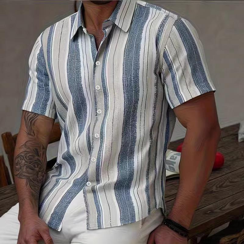 3D-printed Hawaiian Short-sleeve Striped Lapel Shirt