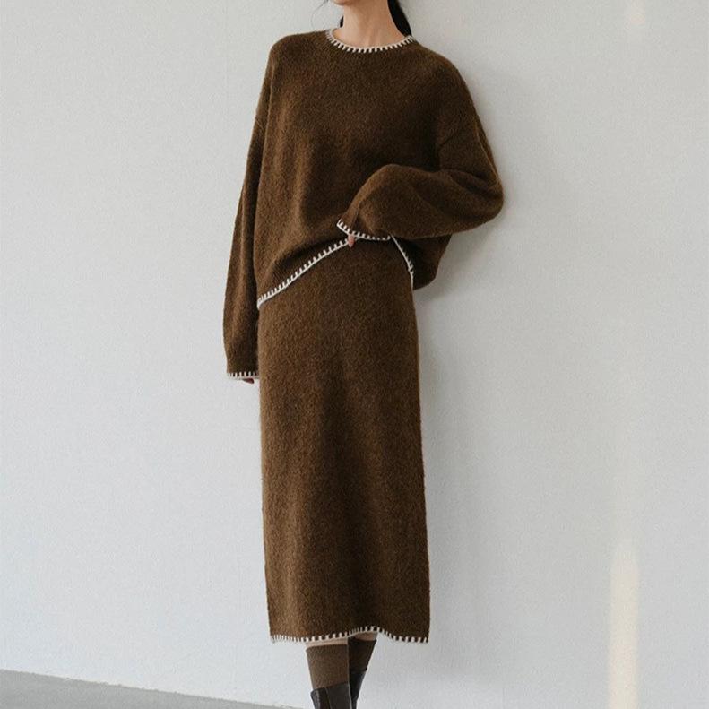 Round Neck Contrasting Edge Knitted Skirt Set