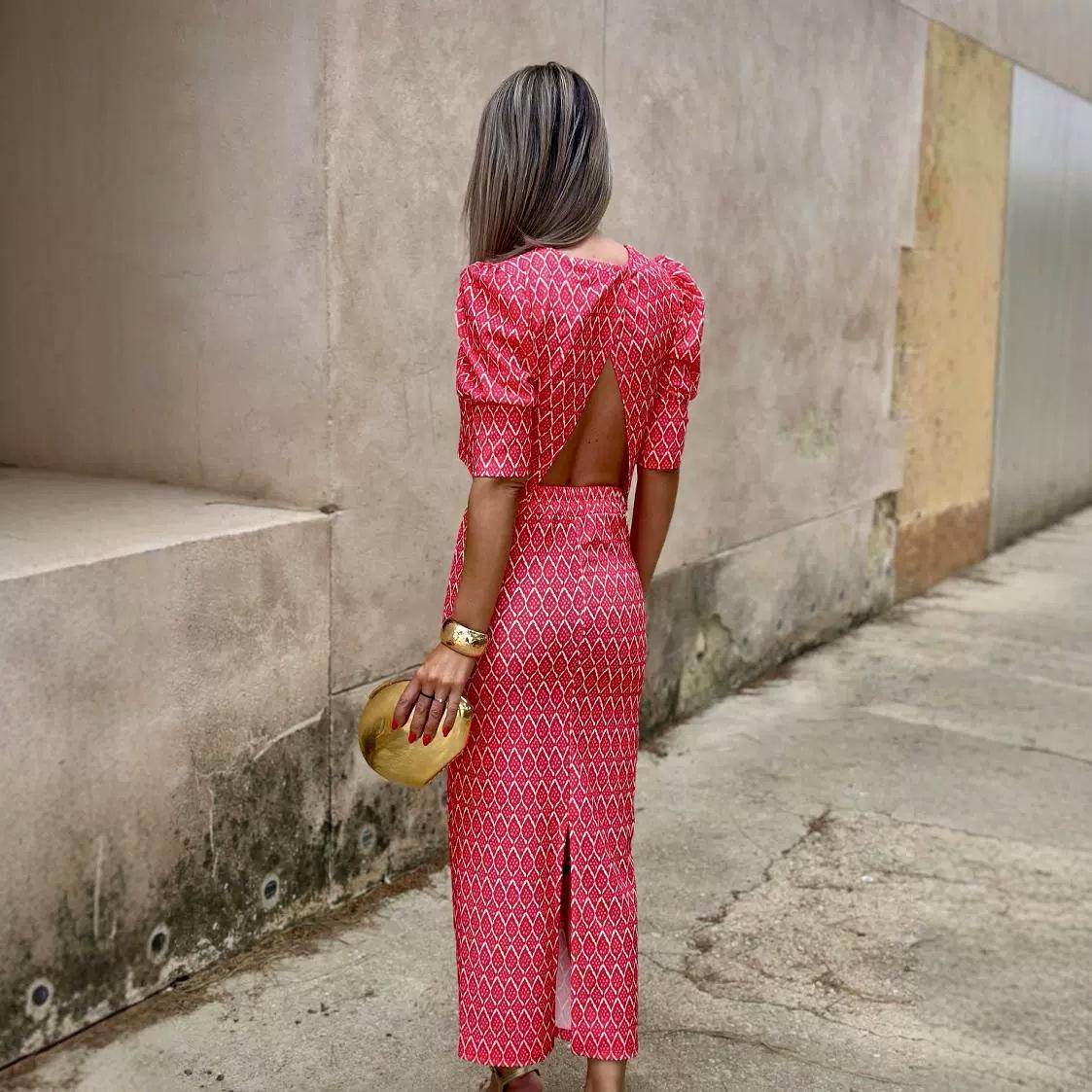 Women's Mid-sleeve Cropped Top Floral Print Slit Skirt Suit