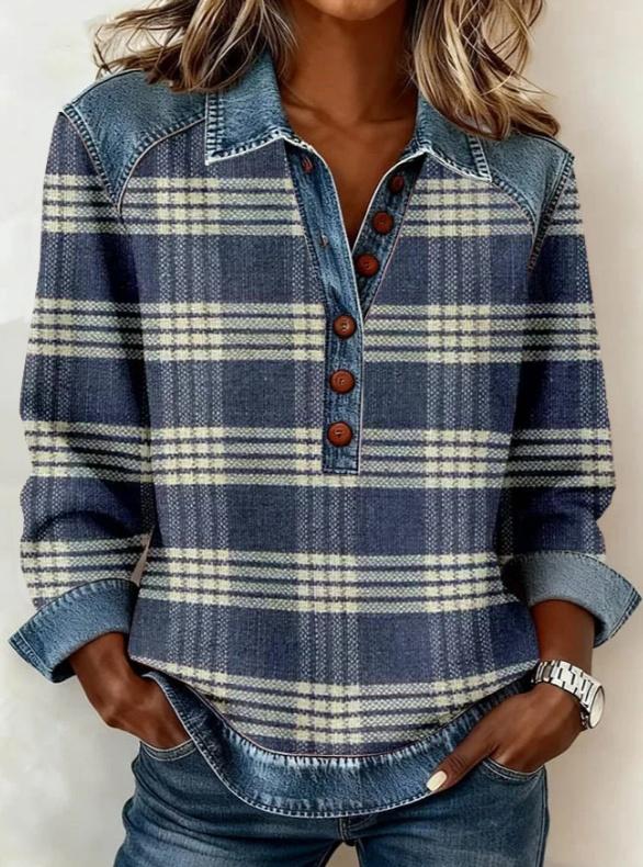 Denim Patchwork Collar Button-down Casual Long-sleeved Top