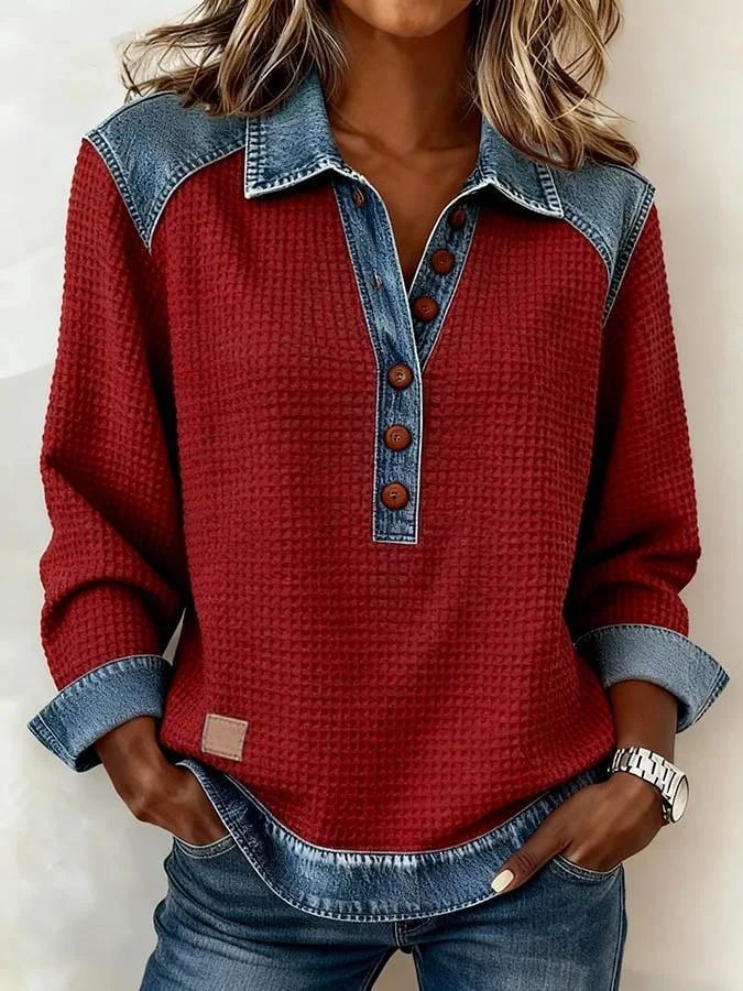 Denim Patchwork Collar Button-down Casual Long-sleeved Top