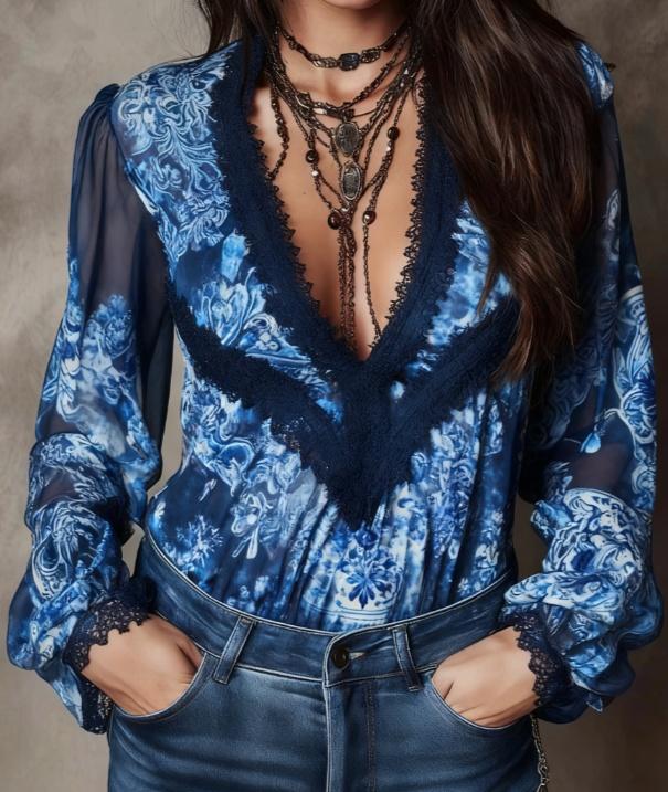 Retro Paisley Print V-neck Lace Puff Sleeve Women's Shirt Top