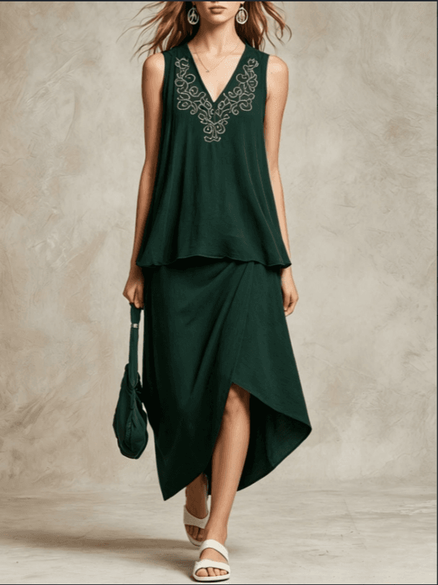 V Neck Embroidery Sleeveless Loose Top And Wrap Asymmetric Midi Skirt Two Piece Linen Set