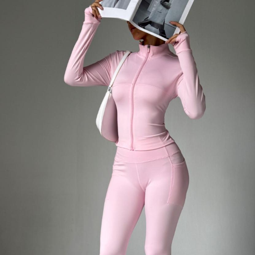 Stand Collar Long-sleeve Zipper Jacket High Waist Pocket Wide Leg Pants Suit