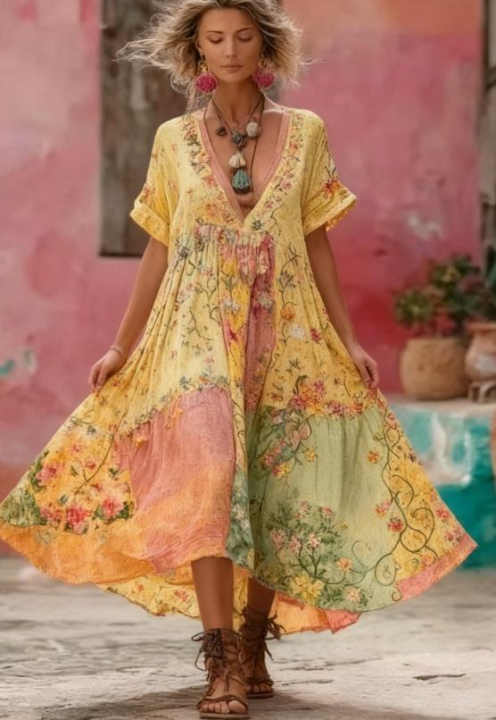 Women's Floral Embroidery Patchwork Art V-Neck Long Dress