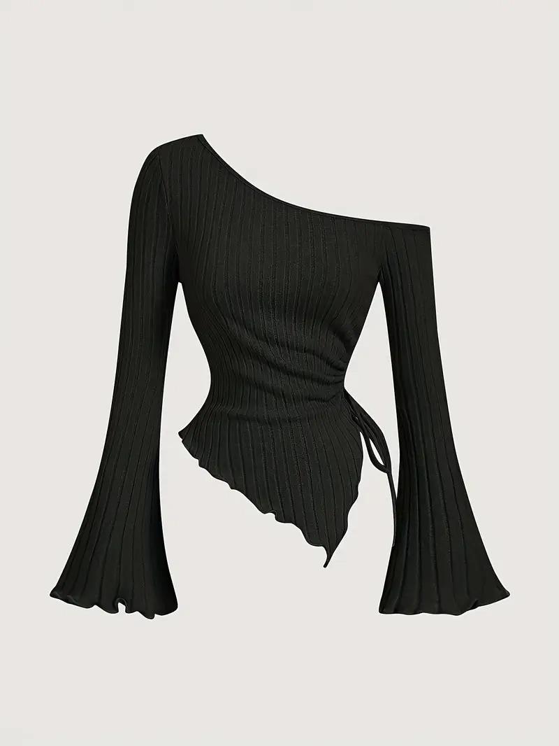 Design Sense Off-neck Long Sleeve Slim-fitting Simple Rope T-shirt