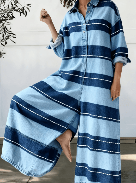 Loose-fitting Long-sleeved Casual Jumpsuit With Patchwork Design