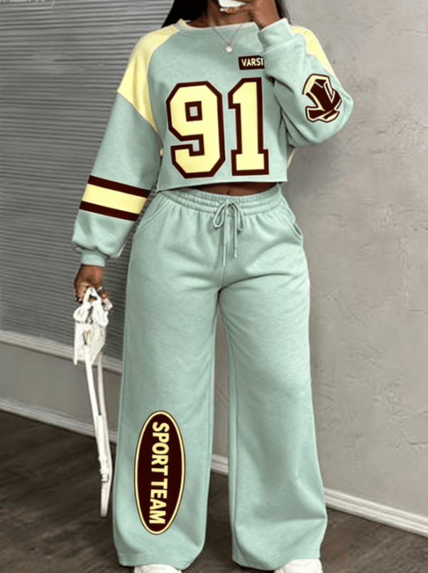 Casual Crew Neck Long-sleeved Sweatshirt And Trousers Two-piece Set