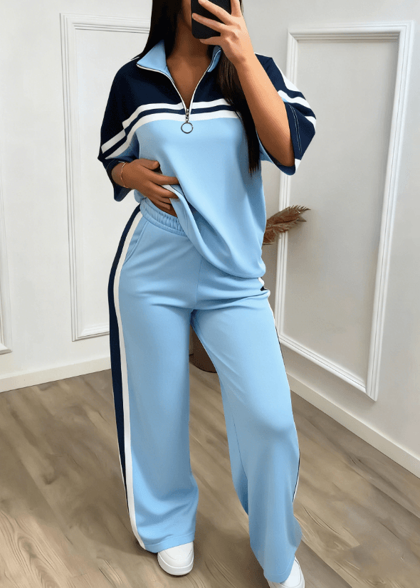 Color-block Stand-collar Short-sleeve Wide-leg Pants Two-piece Set
