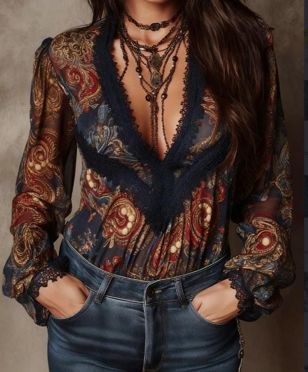 Retro Paisley Print V-neck Lace Puff Sleeve Women's Shirt Top