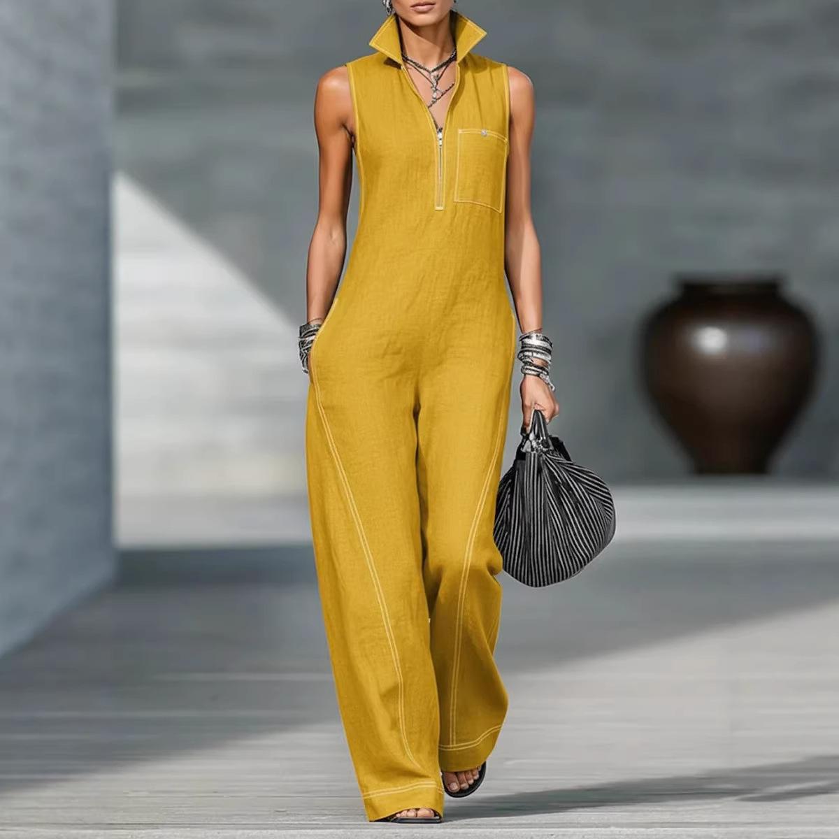 Womens Collarless Sleeveless Casual Loose Cotton-Linen Jumpsuit