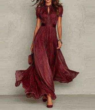 2026 Summer New Dark Purple High Collar Lace Edge Waist Short Sleeve Big Swing Chiffon Long Dress