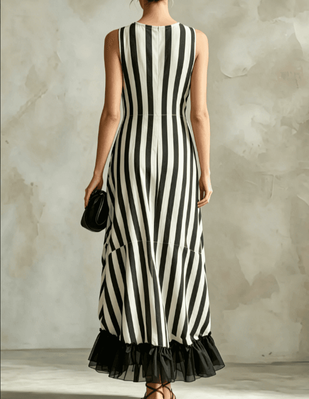 Black And White Vertical Stripe V-neck Sleeveless Patchwork Ruffle Edge Dress