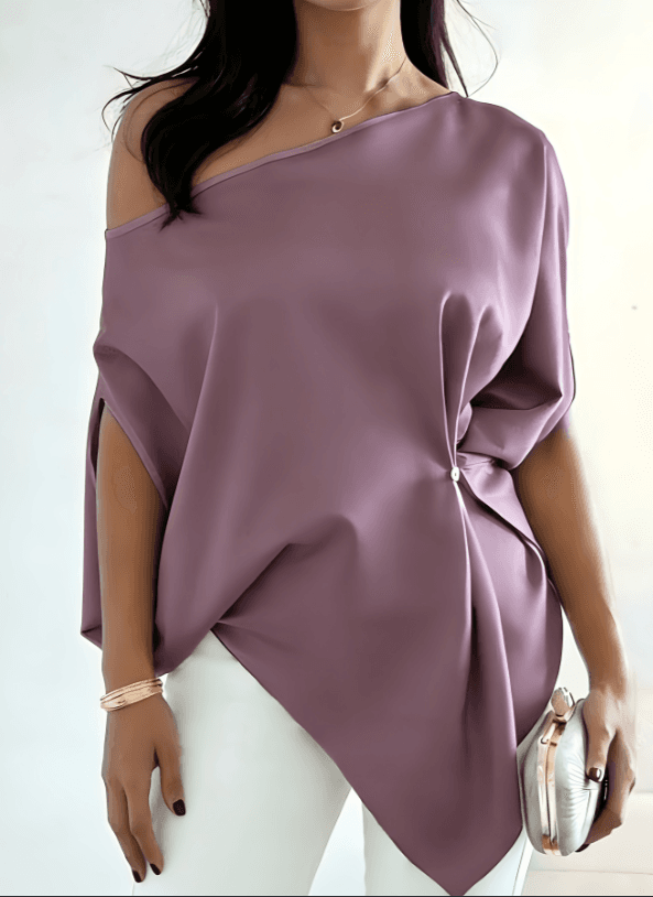 Slanted Shoulder Satin Waist Cinched Irregular Shirt