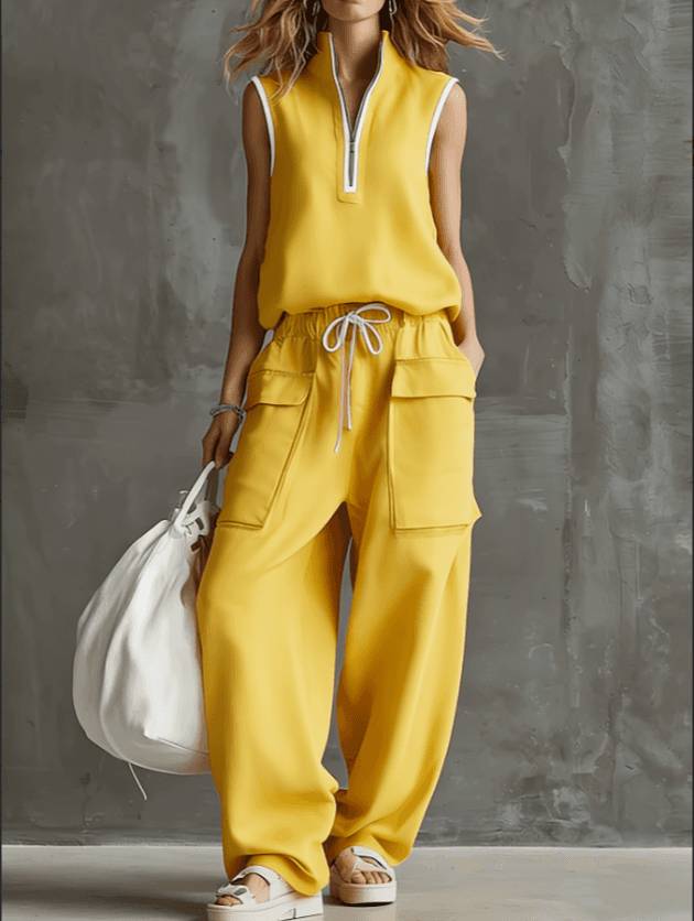 2026 New Spring And Summer Half Zipper Stand Collar Linen Sensing Workwear Two-piece Set