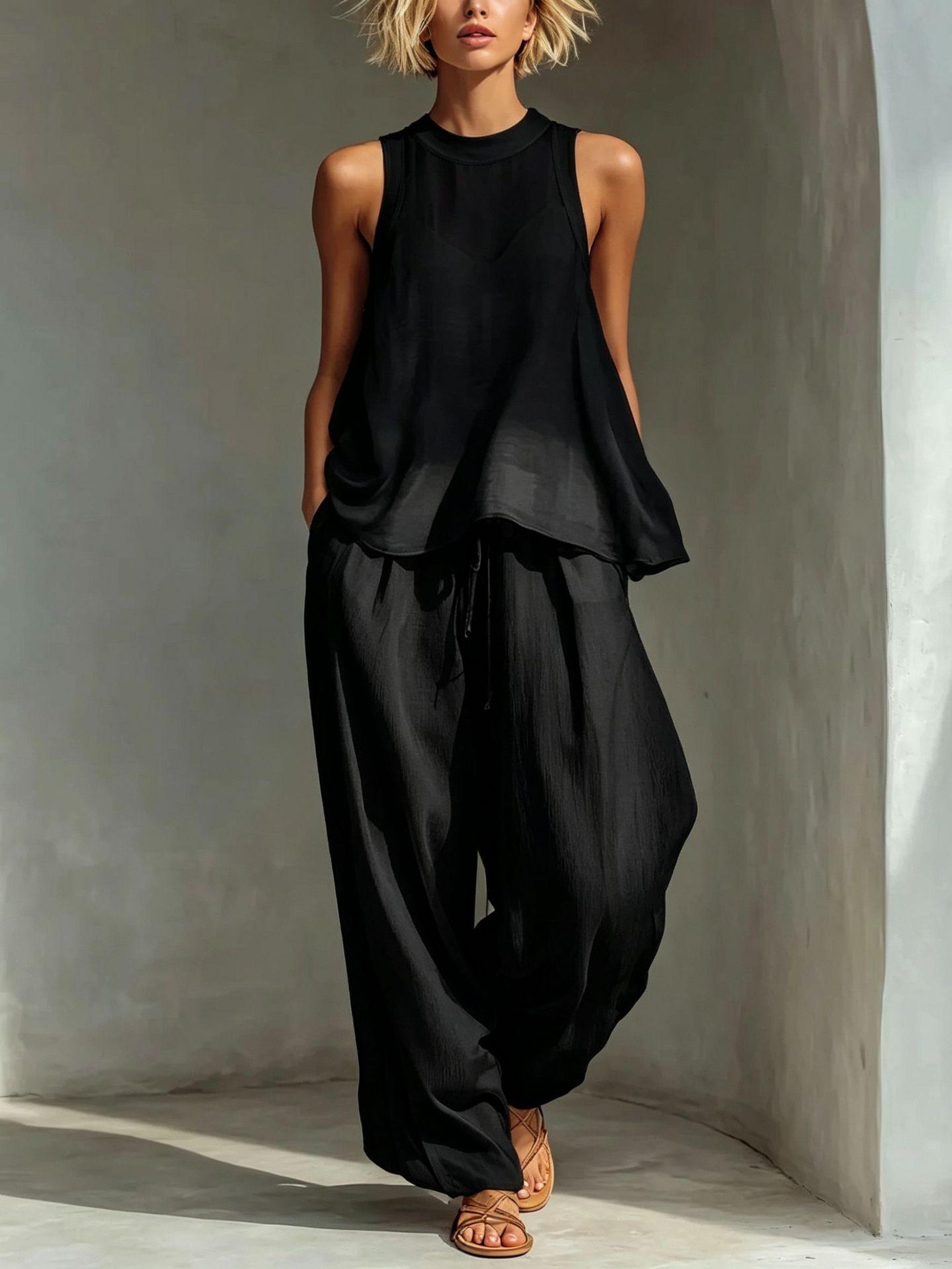 Sheer Round-neck Sleeveless Tank Top And Drawstring Wide-leg Pants Set