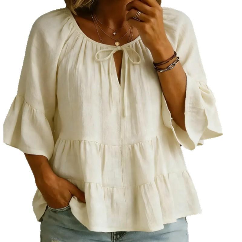 V-neck Three-quarter-sleeve Pleated Cotton-linen Blouse Top