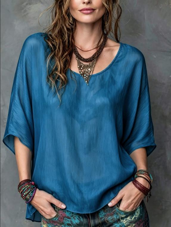 Slate Blue Crinkled Textured U Neck Batwing Sleeve Loose Boho Blouse Top