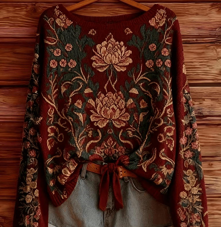 Women's Loose-Fit Round-Neck Sweater With Floral Pattern For Autumn And Winter