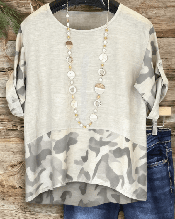 Women's Leopard Print Loose Rolled Sleeve Mid-Length Top