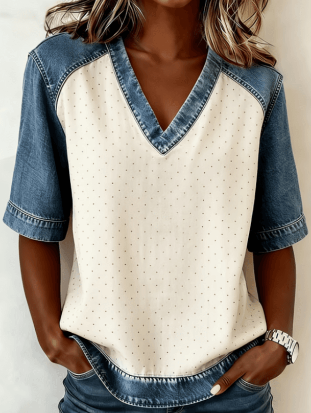 Color-blocked V-neck Raglan Sleeve T-shirt For Women, Loose Fit, Casual And Versatile Short Sleeve.