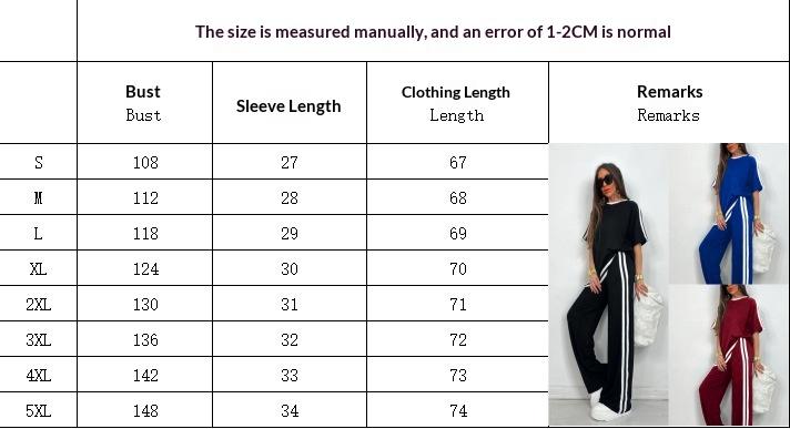 Fashionable Casual Striped Pants And Short-Sleeve Crew-Neck Set