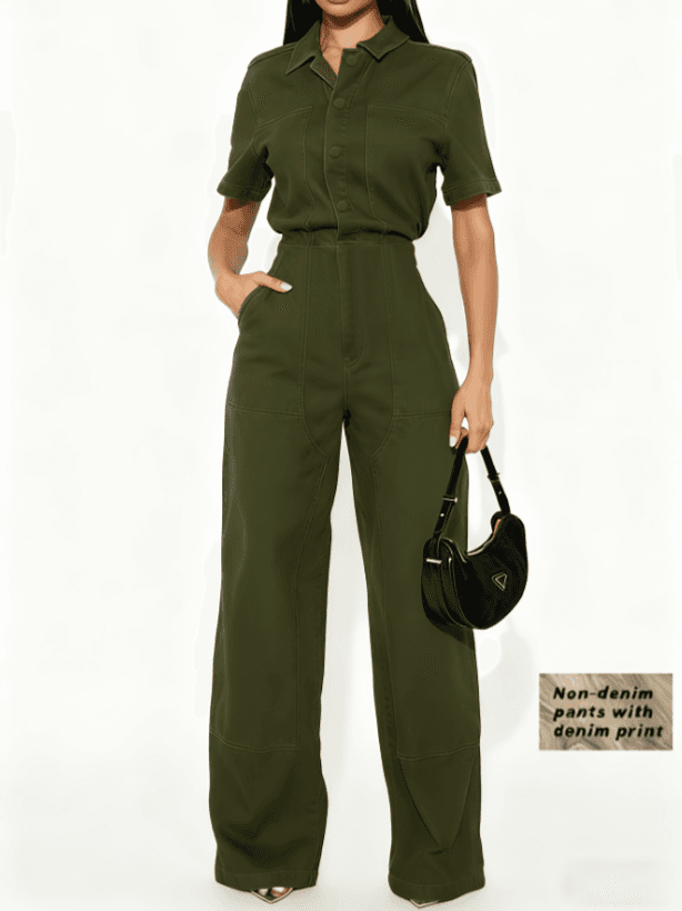 Workwear-style Short-sleeved Lapel Jumpsuit With Wide Legs