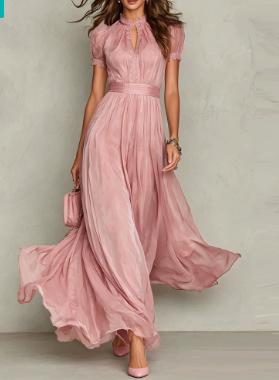 2026 Summer New Dark Purple High Collar Lace Edge Waist Short Sleeve Big Swing Chiffon Long Dress