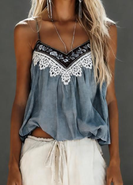 Women's Bohemian Retro Color Block Lace V-Neck Loose Camisole