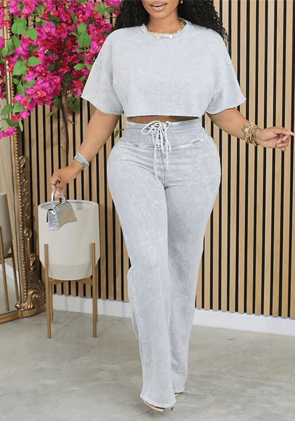 American Retro Round Neck Cropped Top  High-waisted Drawstring Wide-leg Pants Set For Women