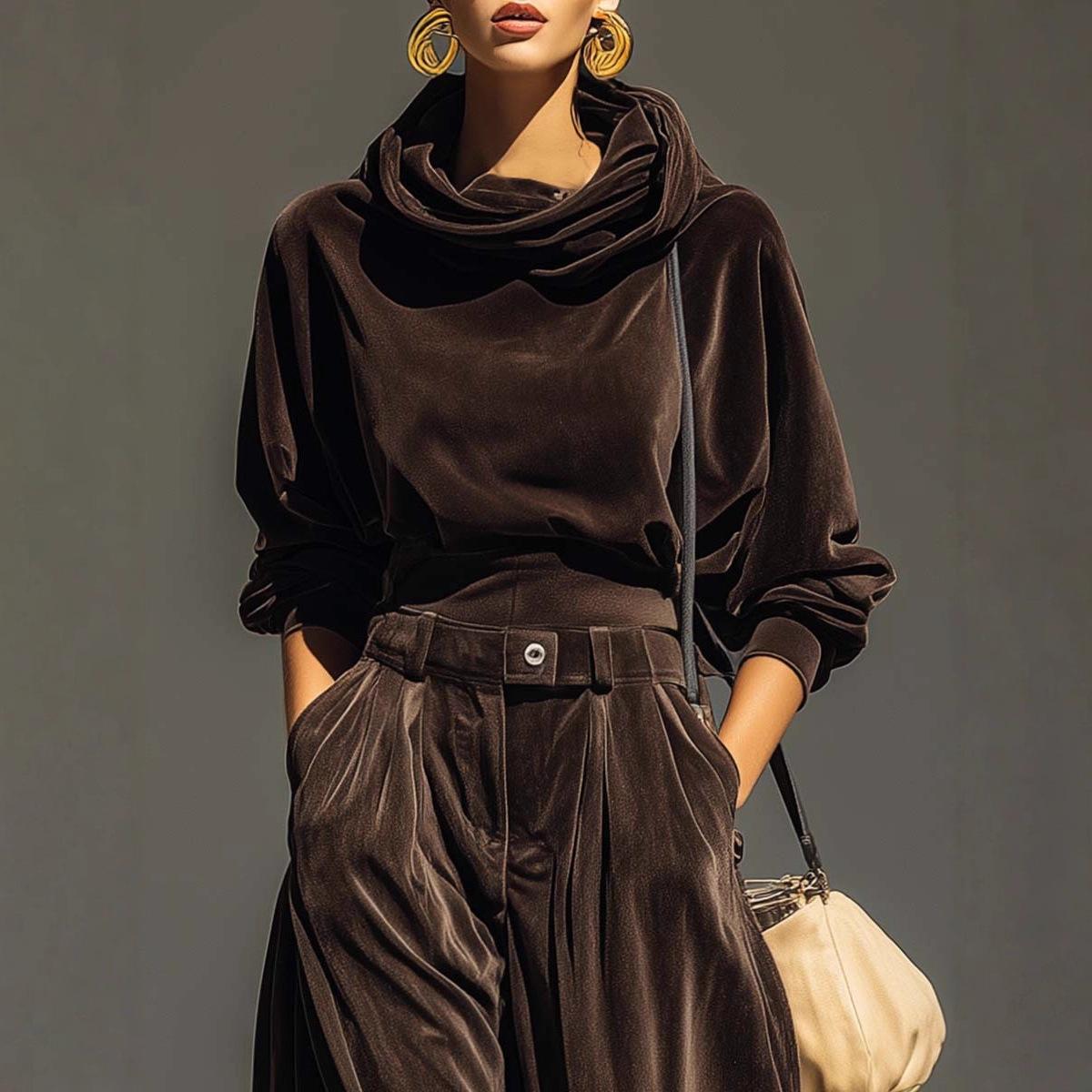Velvet Hooded Long-sleeve With Tapered Pants Casual Set For Women